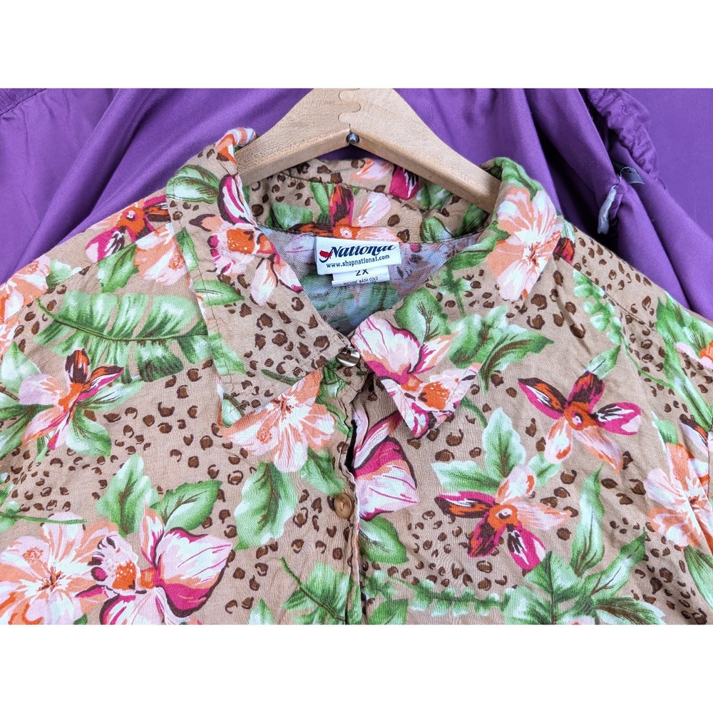 Vintage National Shirt Co. Mocha Hawaiian Floral Button Front Tropical Camp 2X